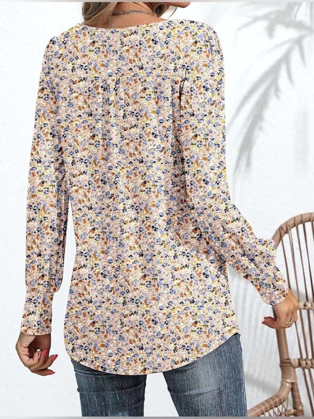 Women's Floral Long Sleeve Scoop Neck Pleated Top - Blue & Pink Sz M - Picture 4 of 4